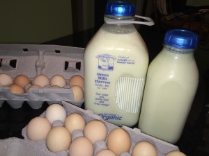 pastured eggs, raw cream and milk